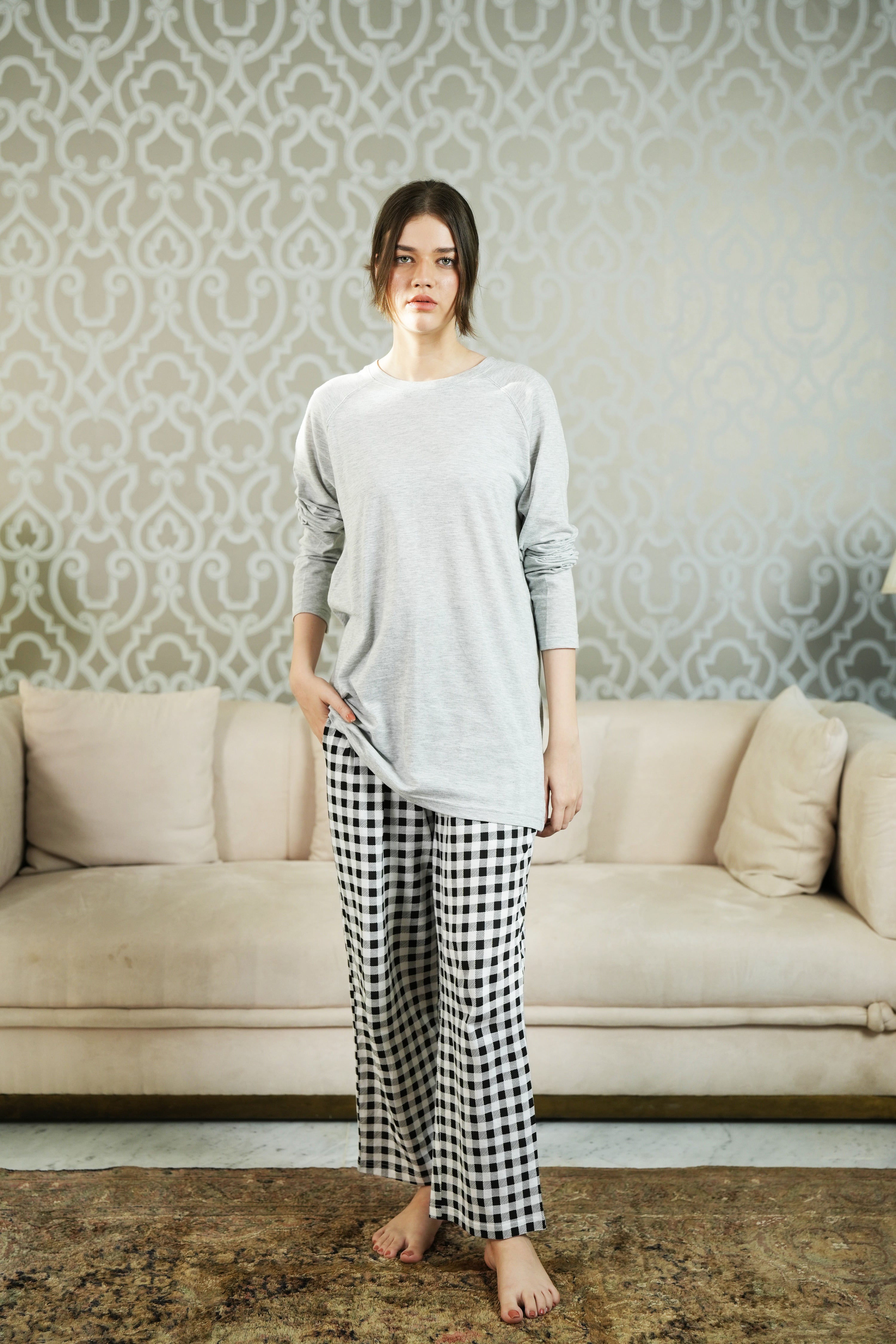 Women's Checked Nightwear – Heather Grey